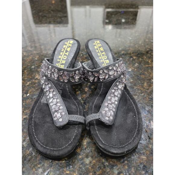 New York Transit Bling Wedge Sandals Womens Size 8M Black Crystal Stone Slip On - Picture 1 of 12